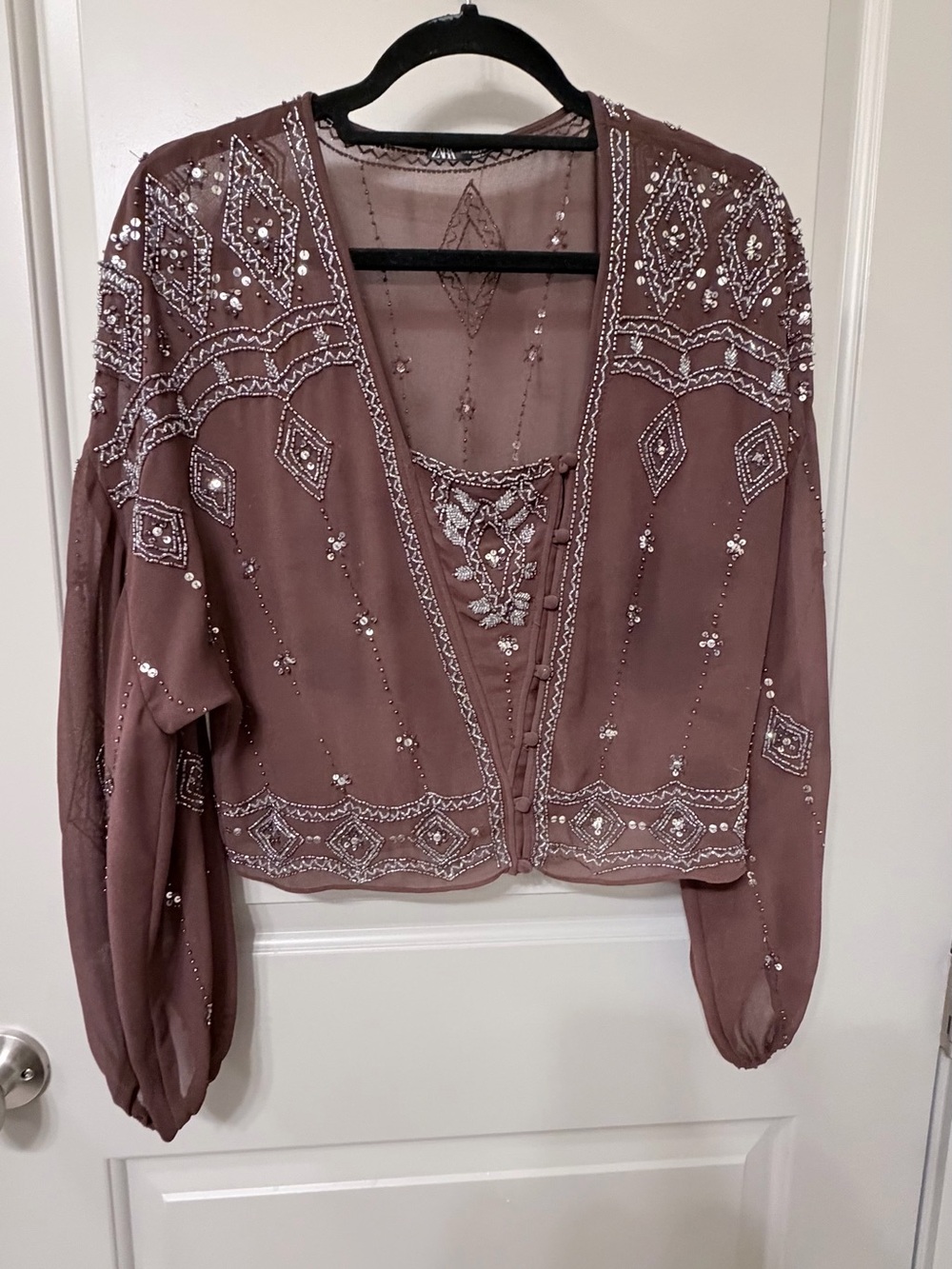 Zara Brown Beaded Sheer Embellished Blouse - Picture 2 of 4